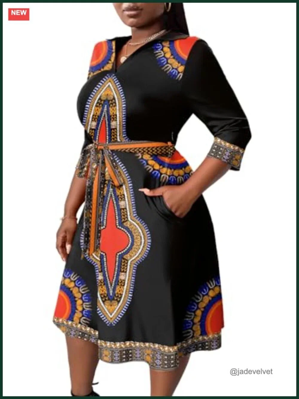 Plus Size Midi Dress Flutter Sleeve Wrap V-Neck A-Line with Pockets and Belt